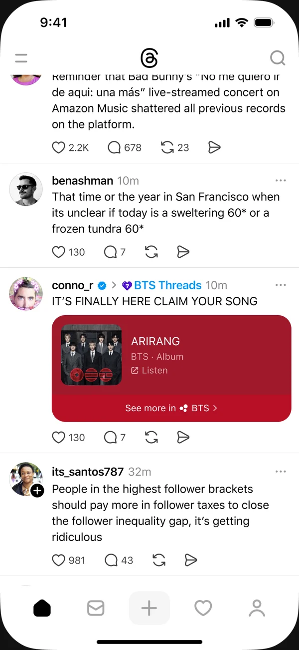 Threads feed post in BTS Threads with an ARIRANG album card