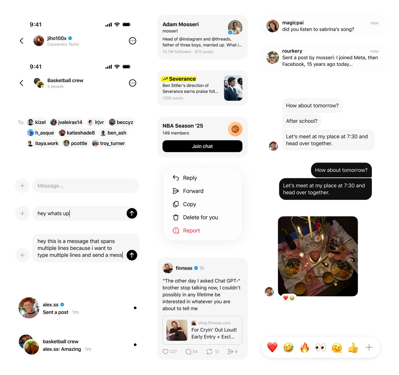 Threads messaging components: chat headers, recipient chips, composer states, inbox rows, profile and community cards, long-press menu, message bubbles, a photo with reactions and the reaction bar