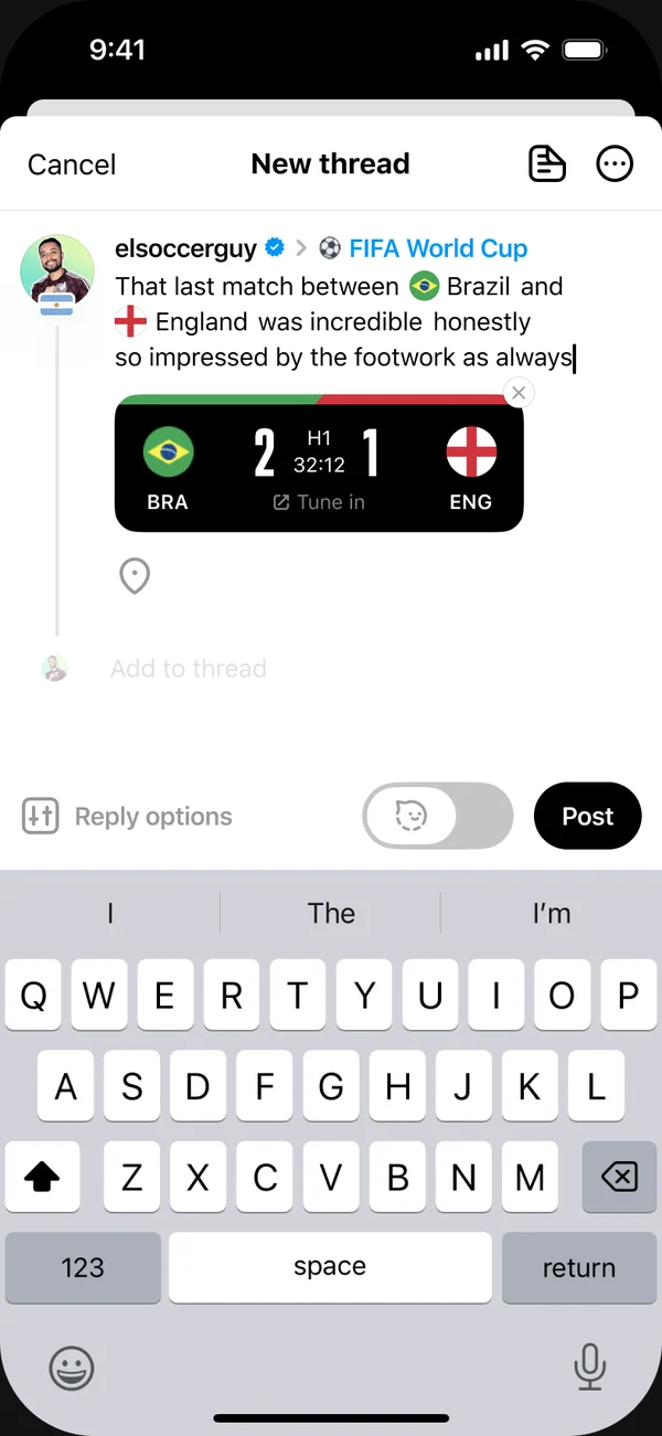 Threads composer with a live Brazil vs England score card