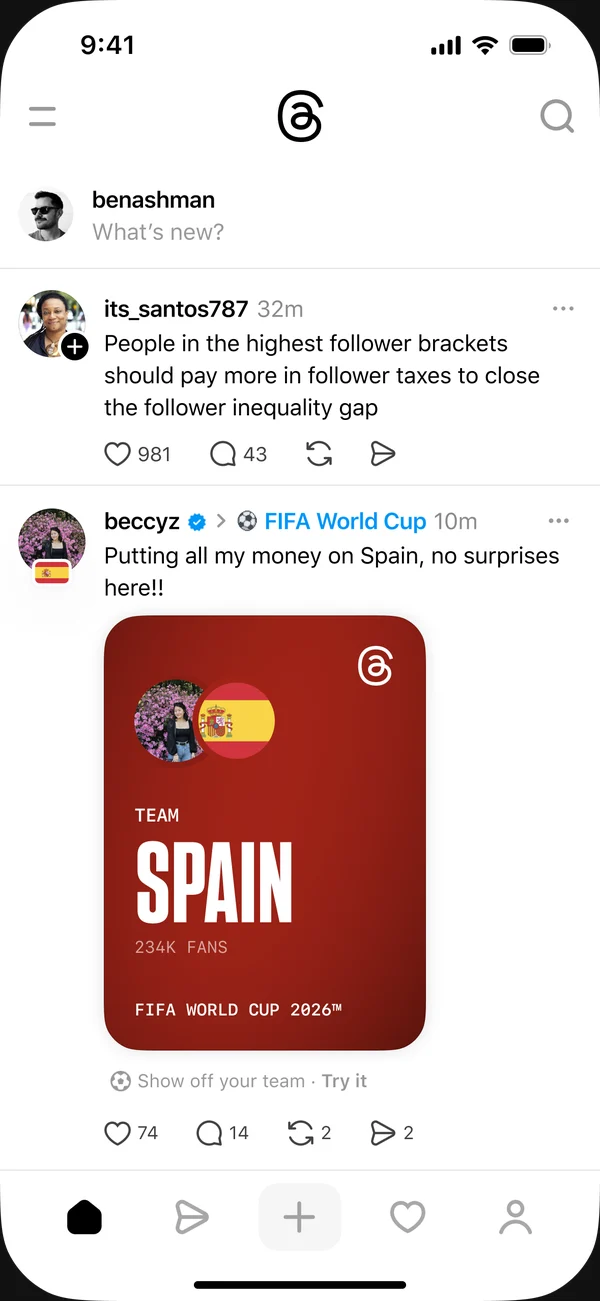 Threads feed post tagged FIFA World Cup with a Team Spain fan card